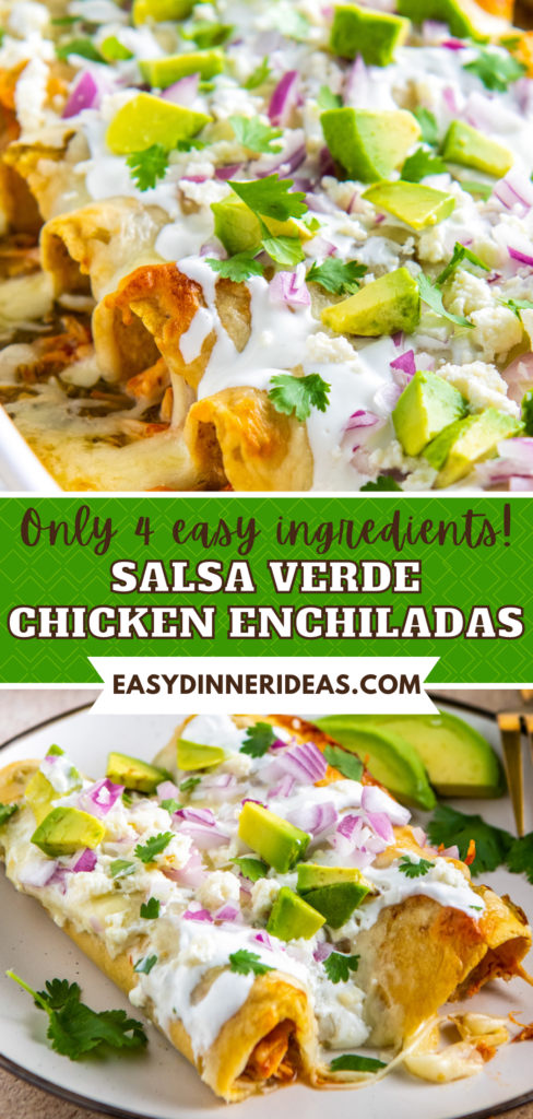 Salsa Verde Chicken Enchiladas on a plate with avocado, onion and cilantro on top.