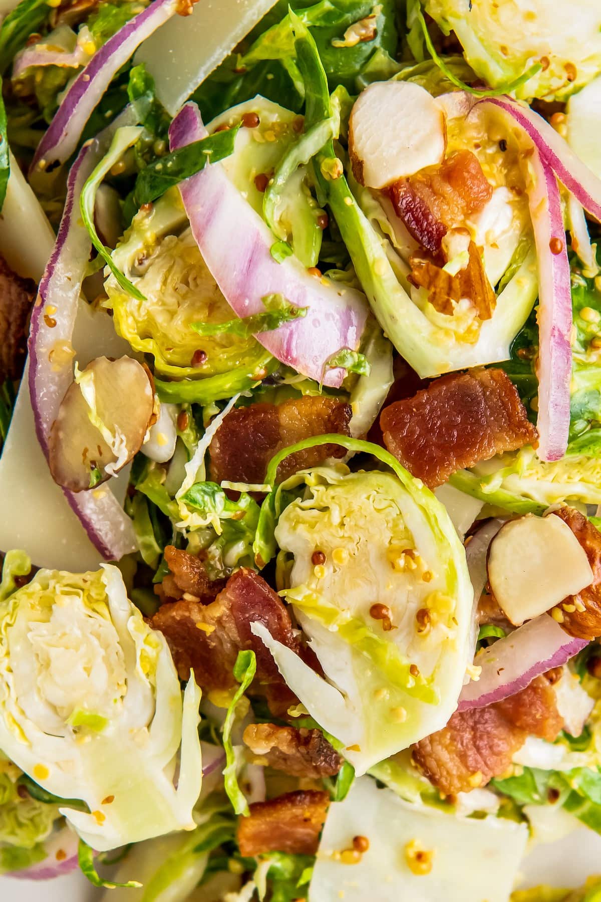 Brussels sprouts and bacon salad with red onion.