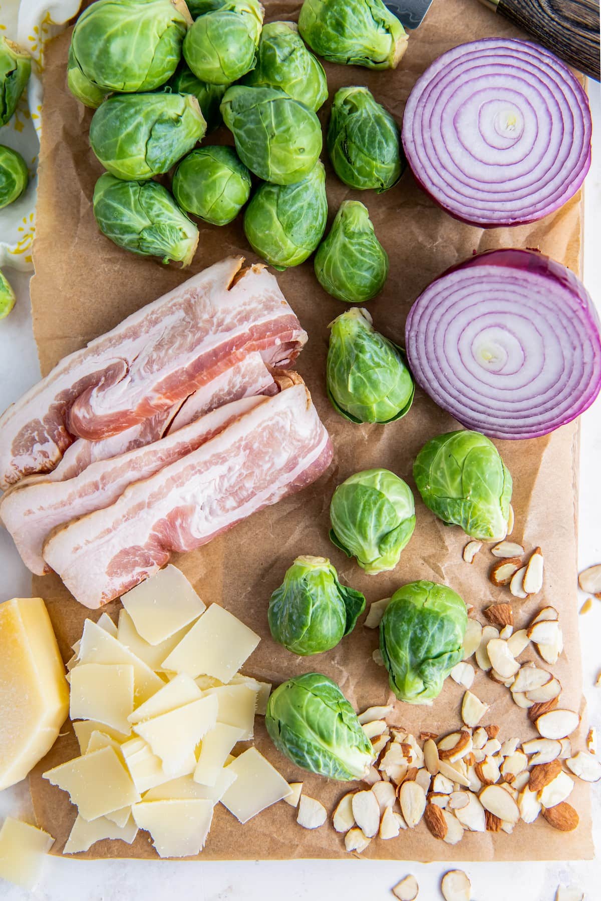 Ingredients for shaved brussels sprouts salad with bacon.