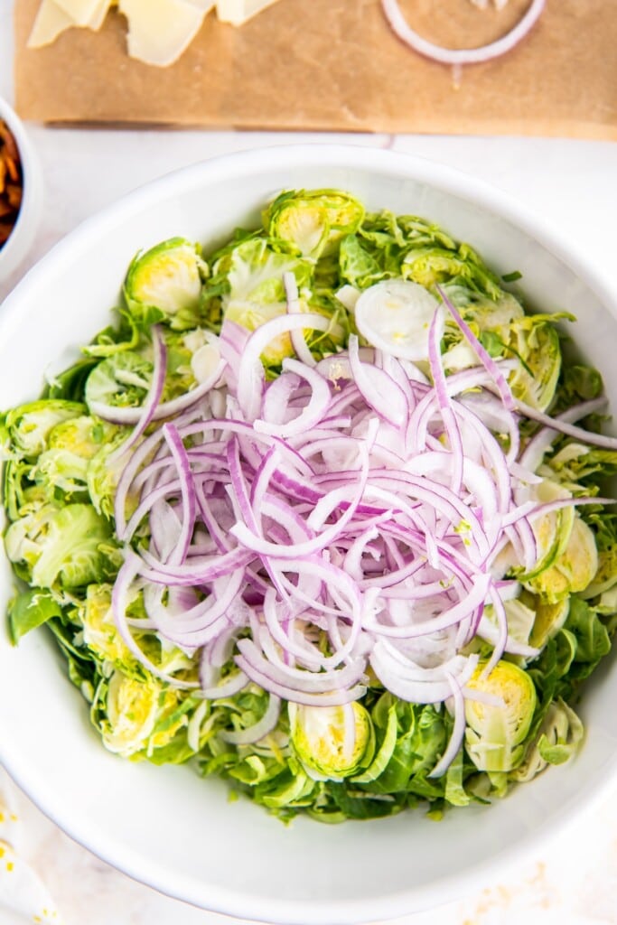 Shredded brussels sprouts and sliced red onion in a bowl.