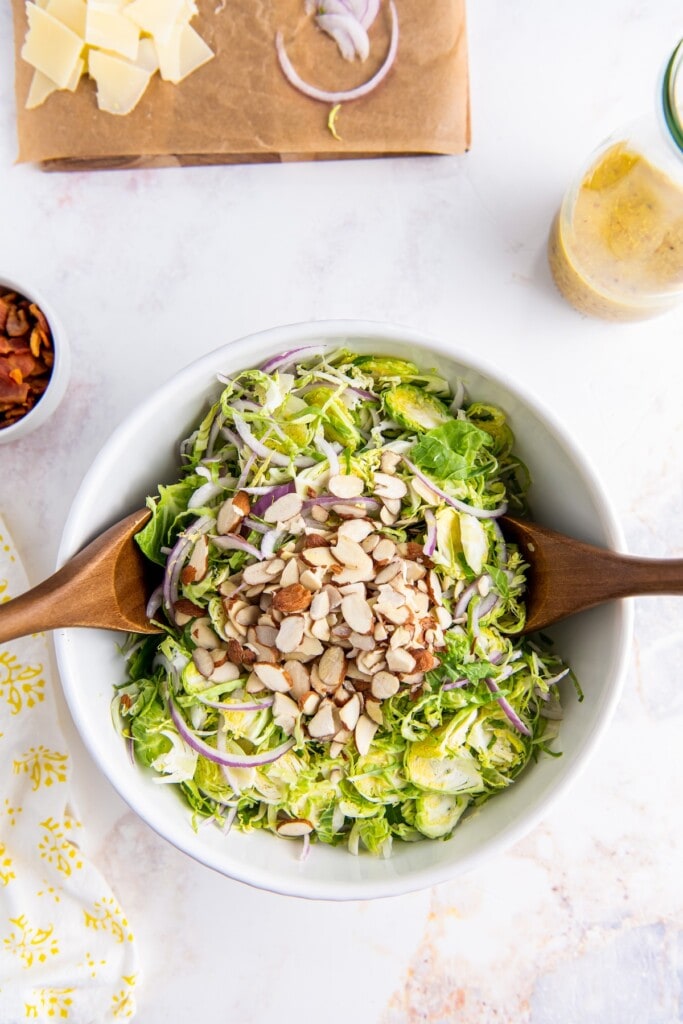 Shaved brussels sprouts with sliced red onion and sliced almonds.