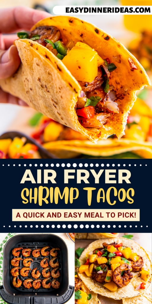 Air fryer shrimp tacos in an air fryer and wrapped in tortillas.