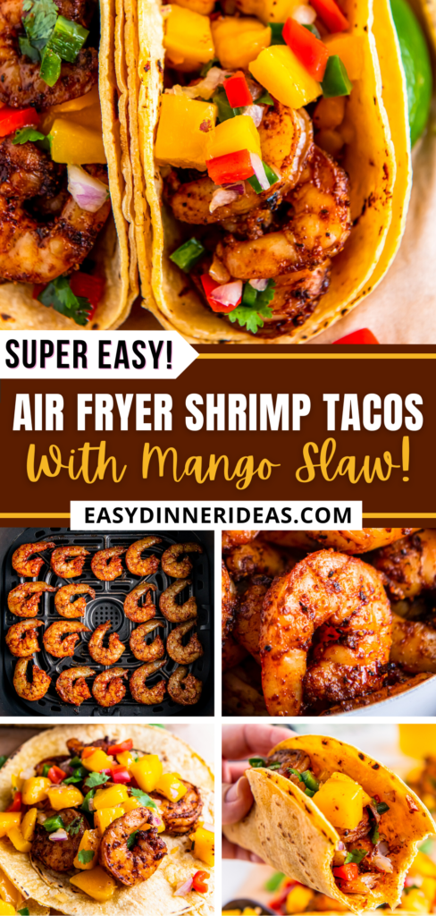 Shrimp cooking in an air fryer and then wrapped in corn tortillas with fresh mango salsa.
