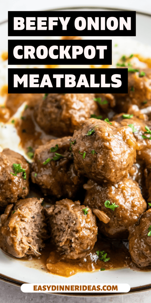 Beefy onion crockpot meatballs on a plate with parsley on top and a side of mashed potatoes.