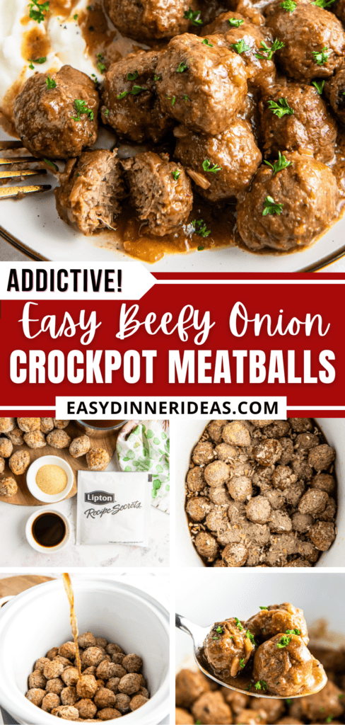 Crockpot meatballs on a plate and being made in a crockpot with a spoon scooping up a serving.