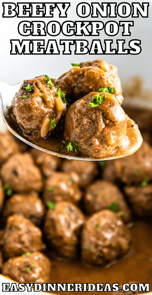 Meatballs being lifted out of a crockpot with a spoon.