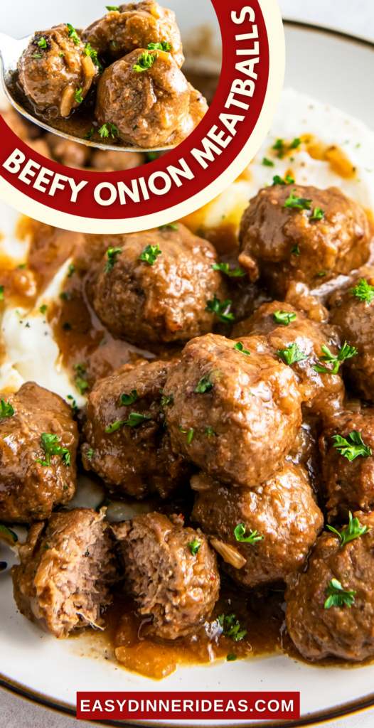 Crockpot meatballs in gravy on a plate.