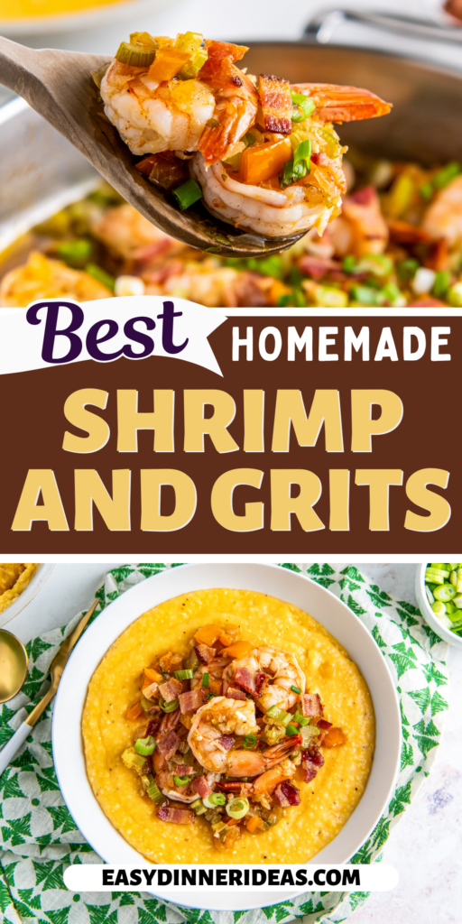 Shrimp on a wooden spoon and shrimp on top of grits in a bowl.