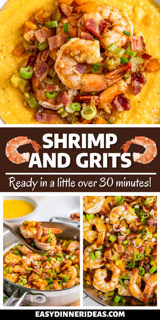 Shrimp and grits in a bowl and on a wooden spoon.