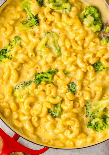 Pot of broccoli mac and cheese.