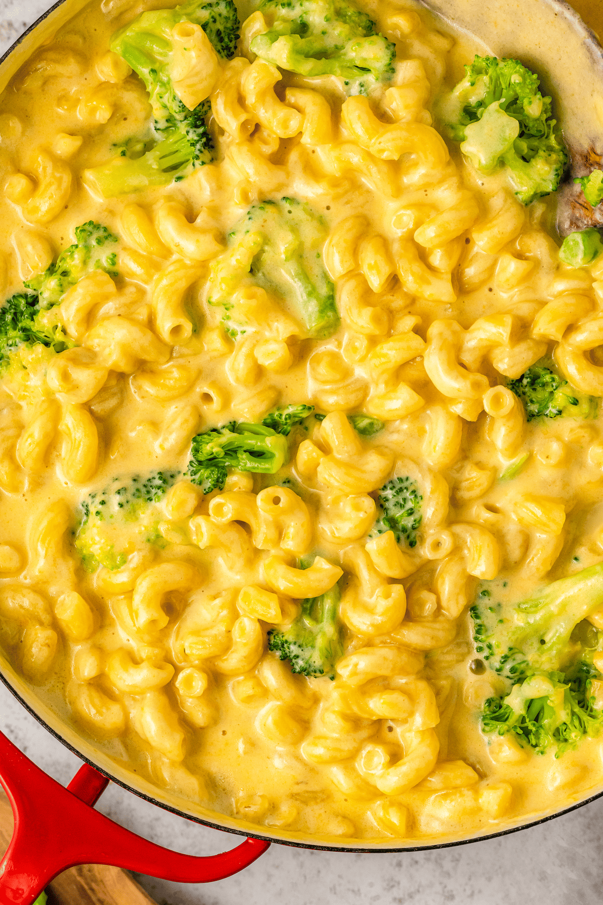 Pot of broccoli mac and cheese.