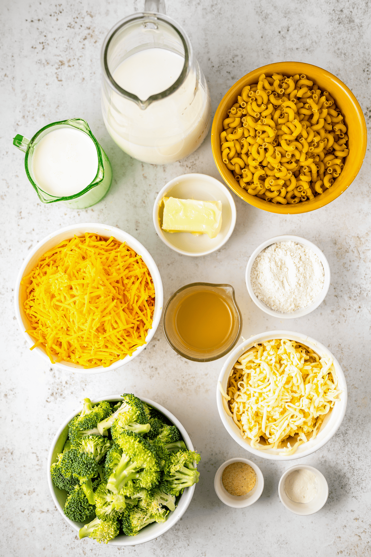 Ingredients for broccoli mac and cheese.