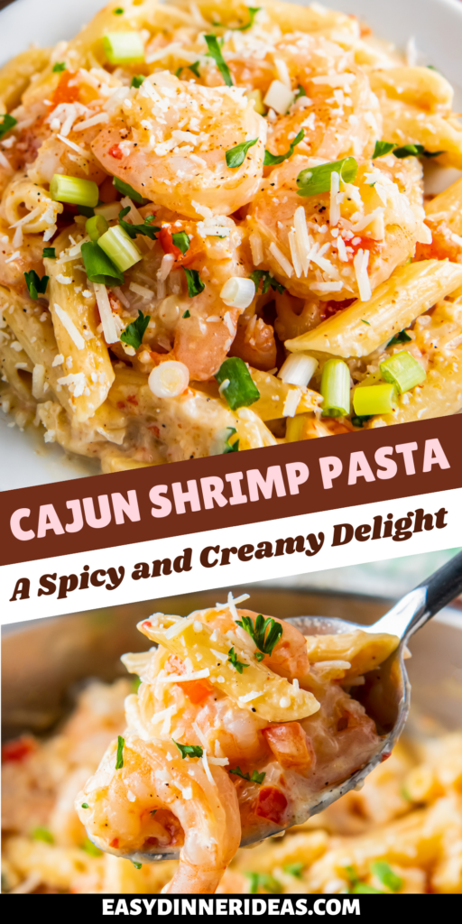 A plate full of cajun shrimp pasta and a spoonful of pasta.