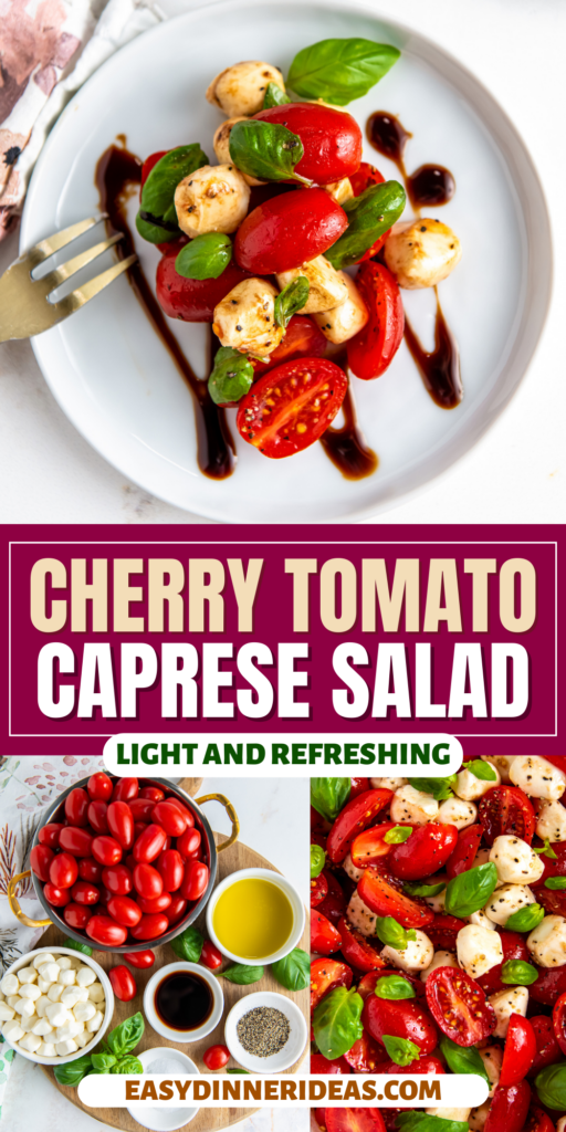 A plate of cherry tomato caprese salad with balsamic drizzled on top.