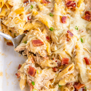 Chicken bacon ranch casserole with mozzarella cheese.