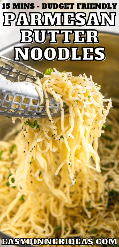 Tongs picking up Parmesan Butter Noodles out of a pot.