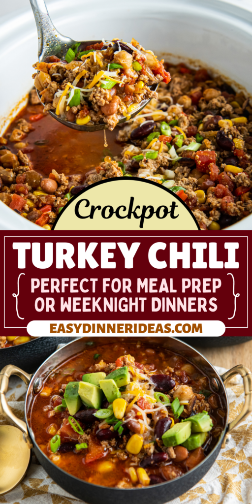 Crockpot turkey chili in a bowl and a ladle scooping out a serving.