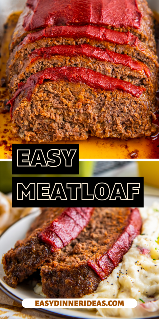 Sliced meatloaf in a baking dish and on a plate with mashed potatoes.