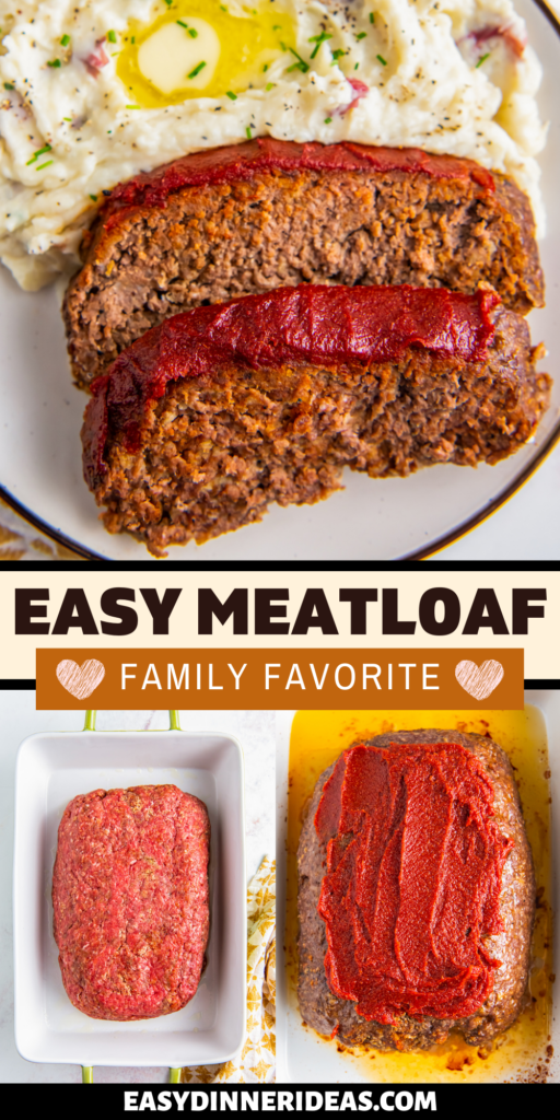 Easy meatloaf sliced on a plate with mashed potatoes, before baking in a casserole dish and after baking.