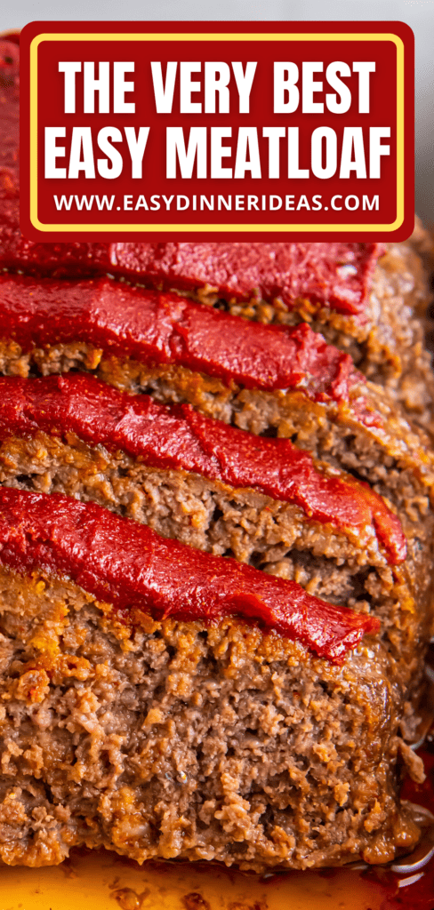 Sliced easy meatloaf with tomato topping.