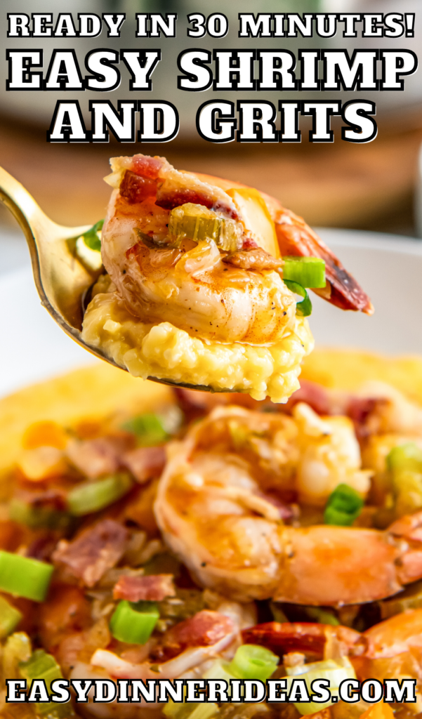 A spoon scooping up a bite of shrimp and grits.
