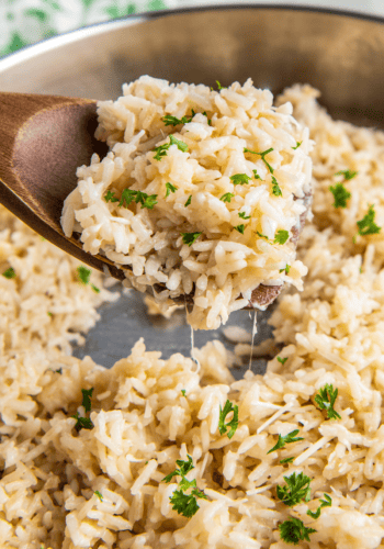 Skillet filled with parmesan garlic rice.