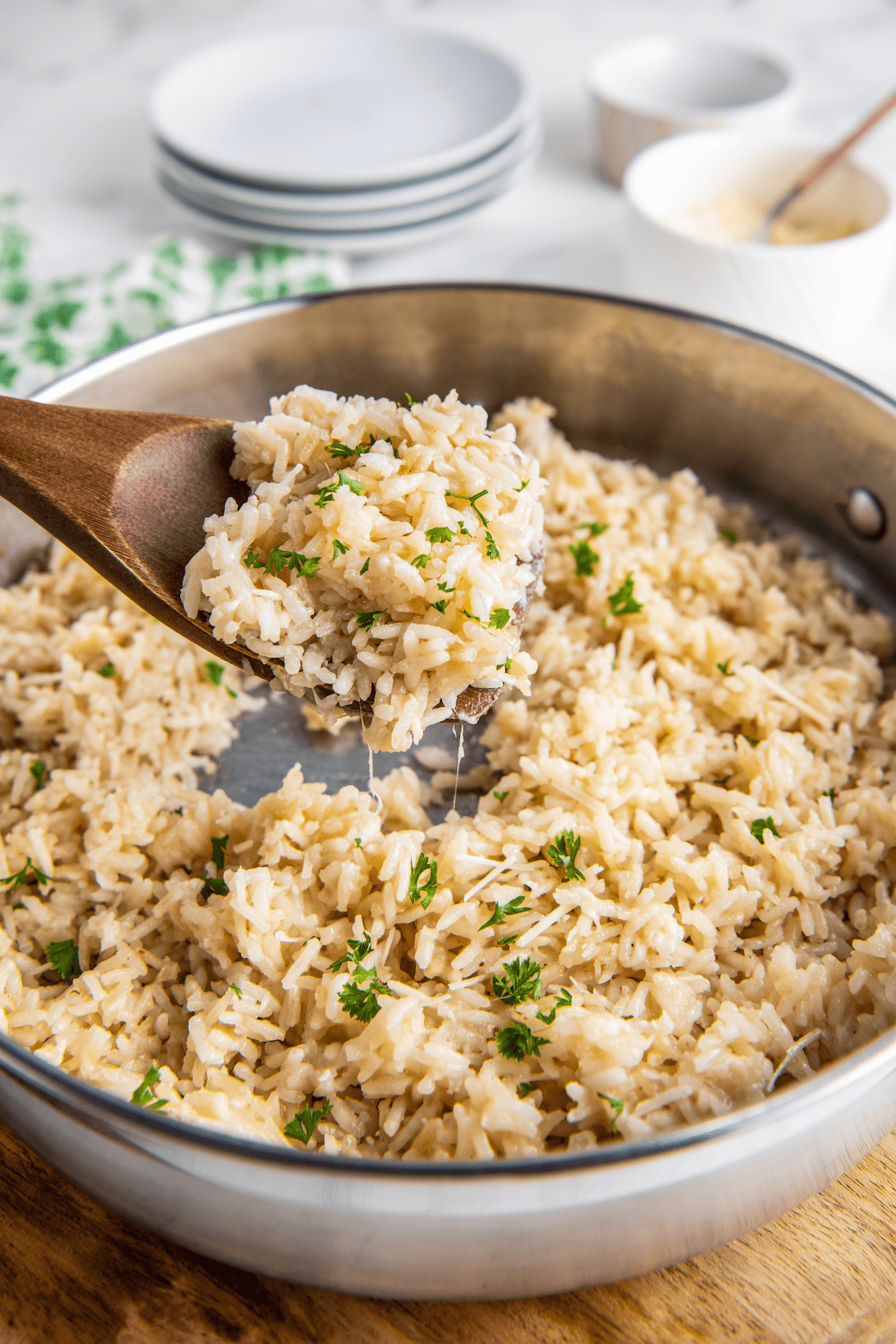 Parmesan rice with fresh parsley mixed in.