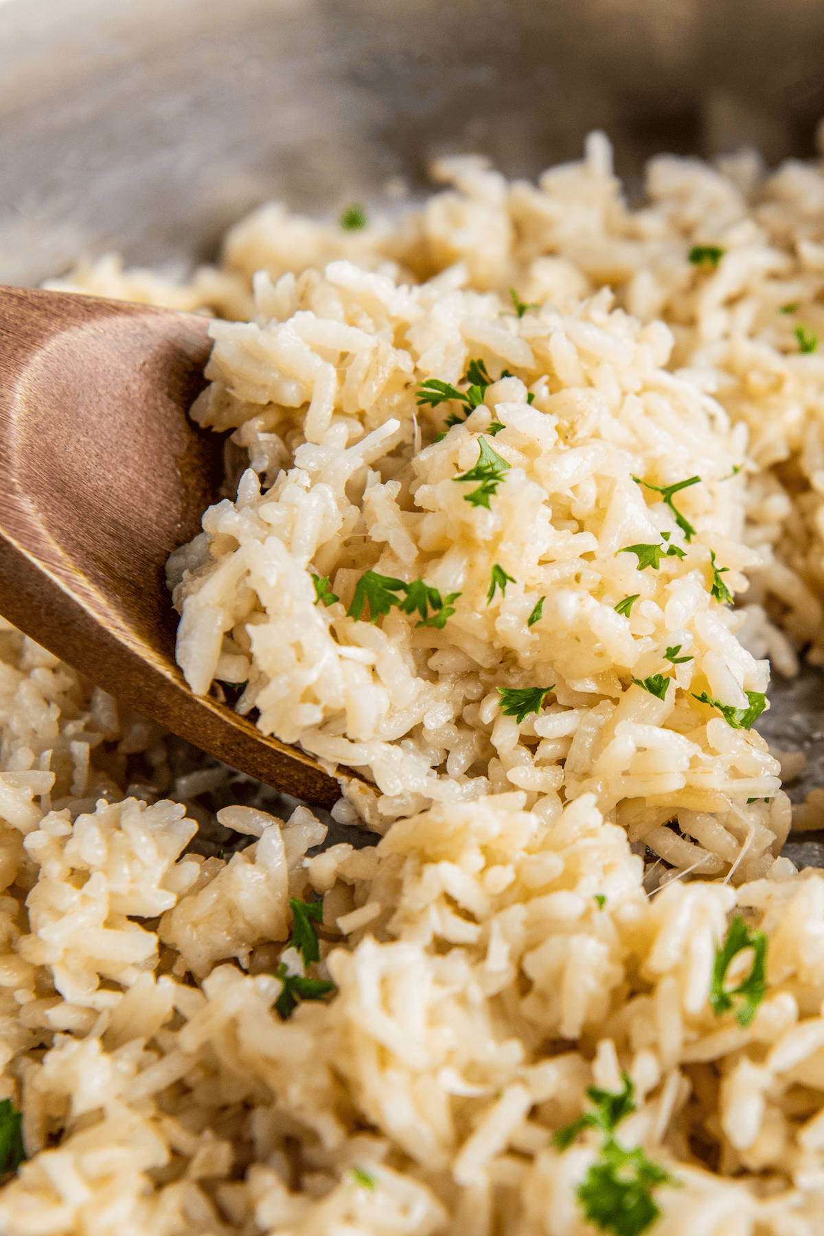 Fluffy long grain rice with minced garlic and shredded parmesan cheese.