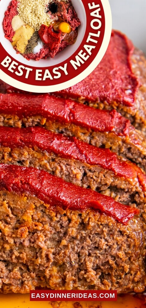 Sliced meatloaf in a baking dish and a bowl of meatloaf ingredients.