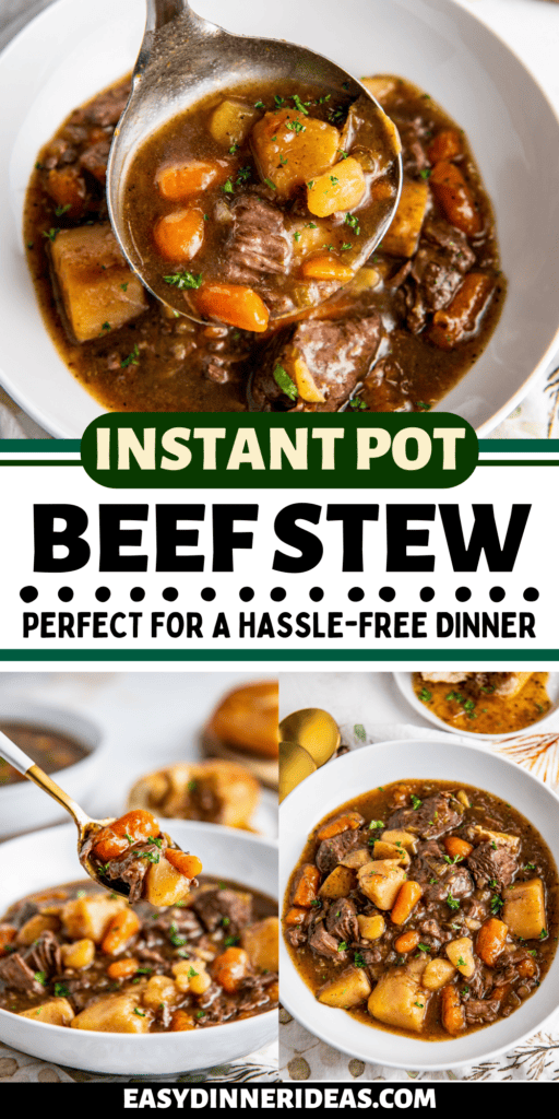 A bowl of instant pot beef stew and a spoon scooping up a bite.