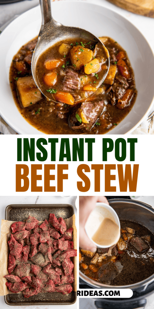Stew meat with seasonings on it, cornstarch slurry being poured into instant pot and beef stew being ladled into a bowl.
