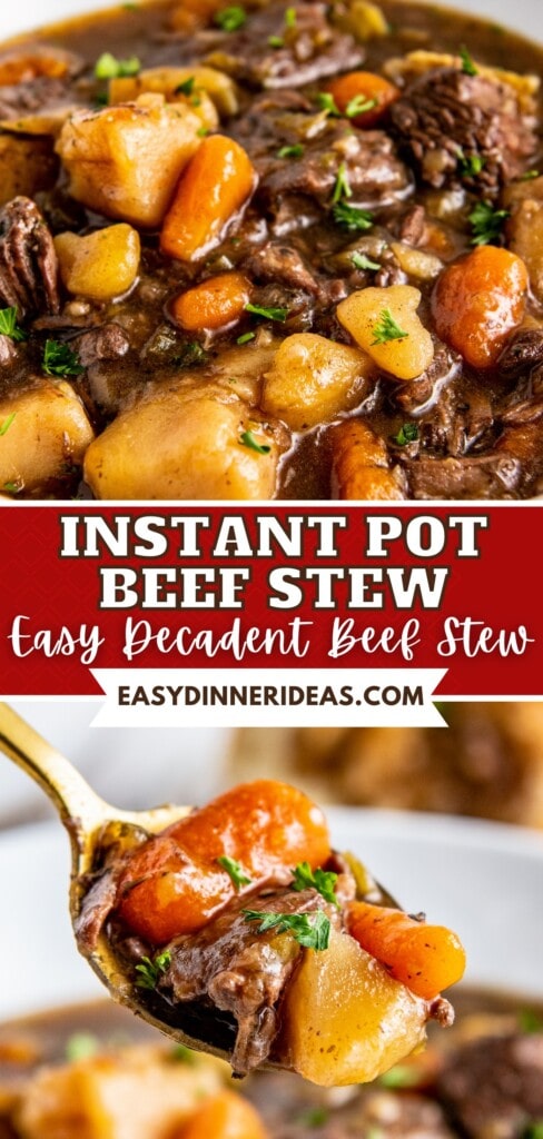 Instant pot beef stew in a bowl and a spoon scooping up a bite.