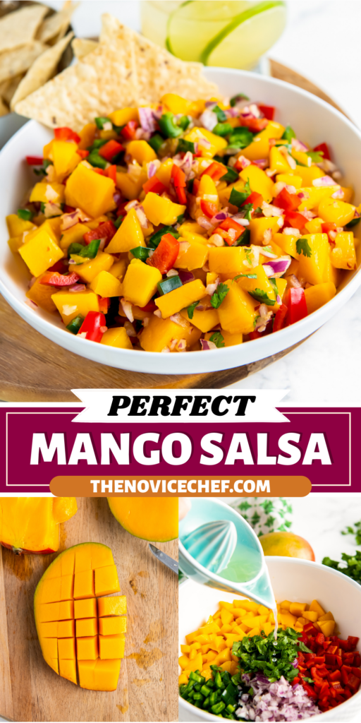 A bowl of mango salsa, a mango being cut into squares and lime juice being added to a bowl of salsa.