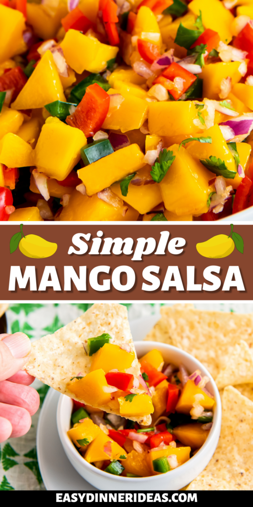 Mango salsa in a bowl with a tortilla chip scooping up a serving.