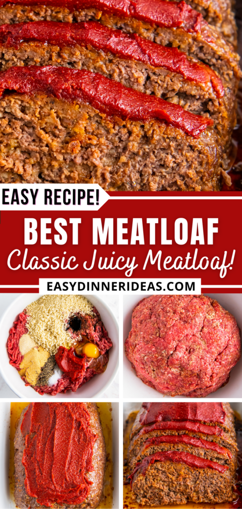 Ingredients being mixed in a bowl, meatloaf being formed into a log and sliced meatloaf in a baking dish.