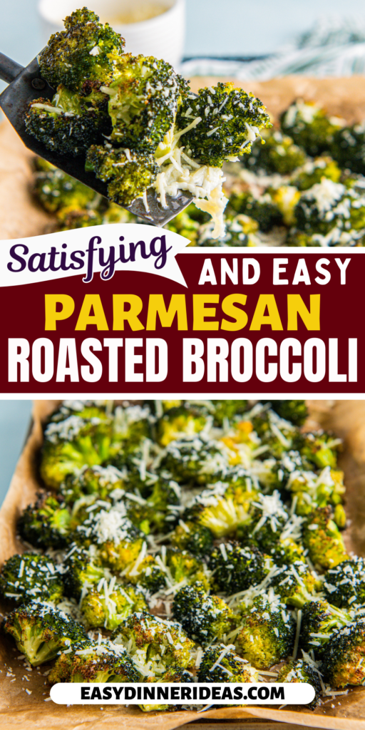Parmesan roasted broccoli on a sheet pan and being lifted with a spatula.