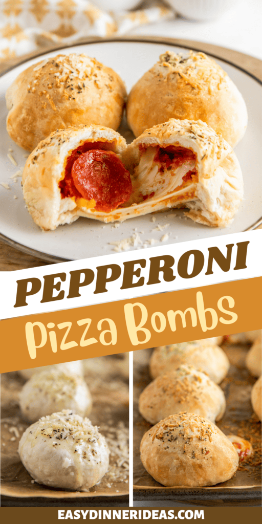Pepperoni pizza bombs before and after baking on a cookie sheet.