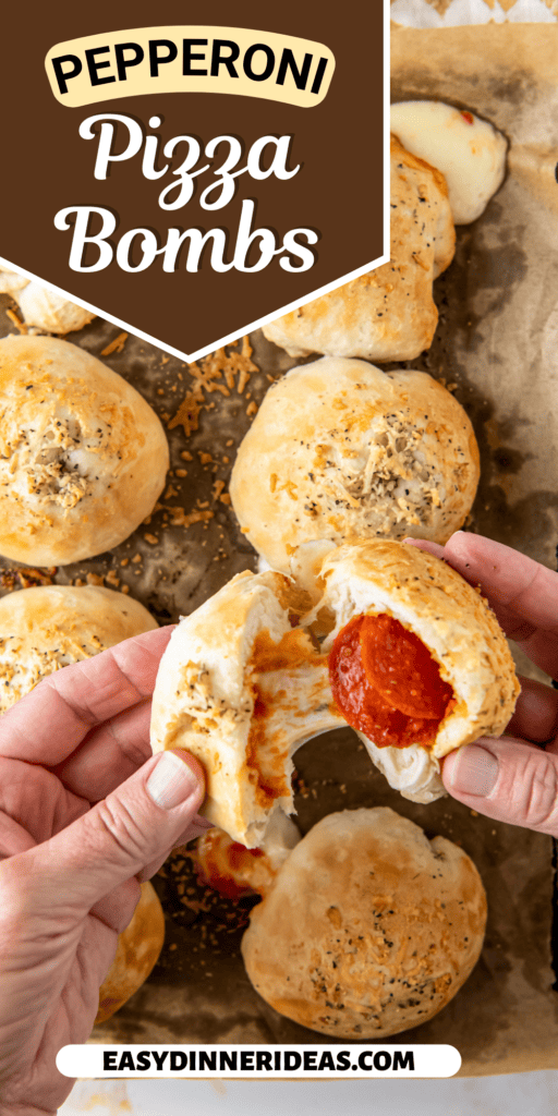 A tray of Pepperoni pizza bombs with one being torn in half.