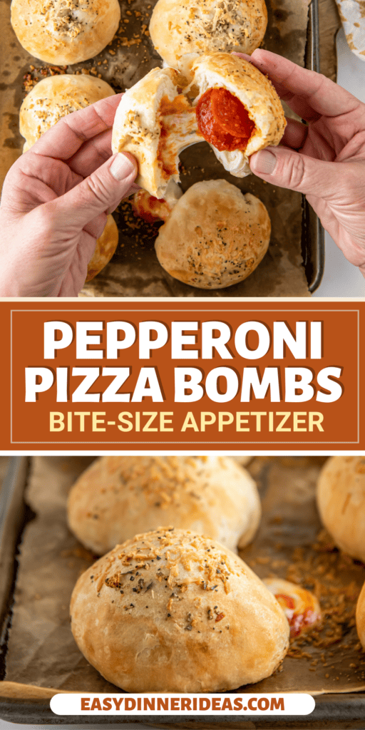 Pepperoni pizza bombs with parmesan and herbs baked on top.