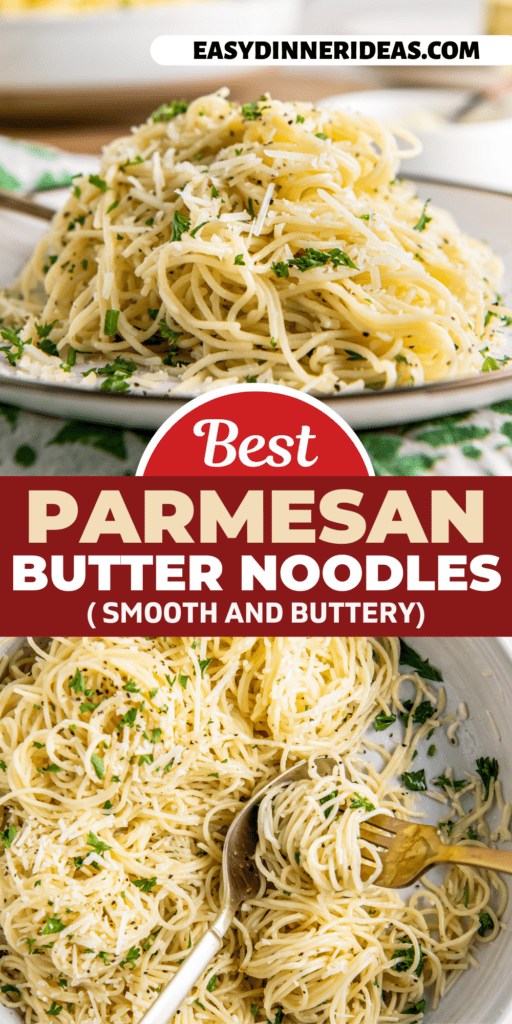 A plate of buttery parmesan noodles with a fork twisting noodles in a bowl.