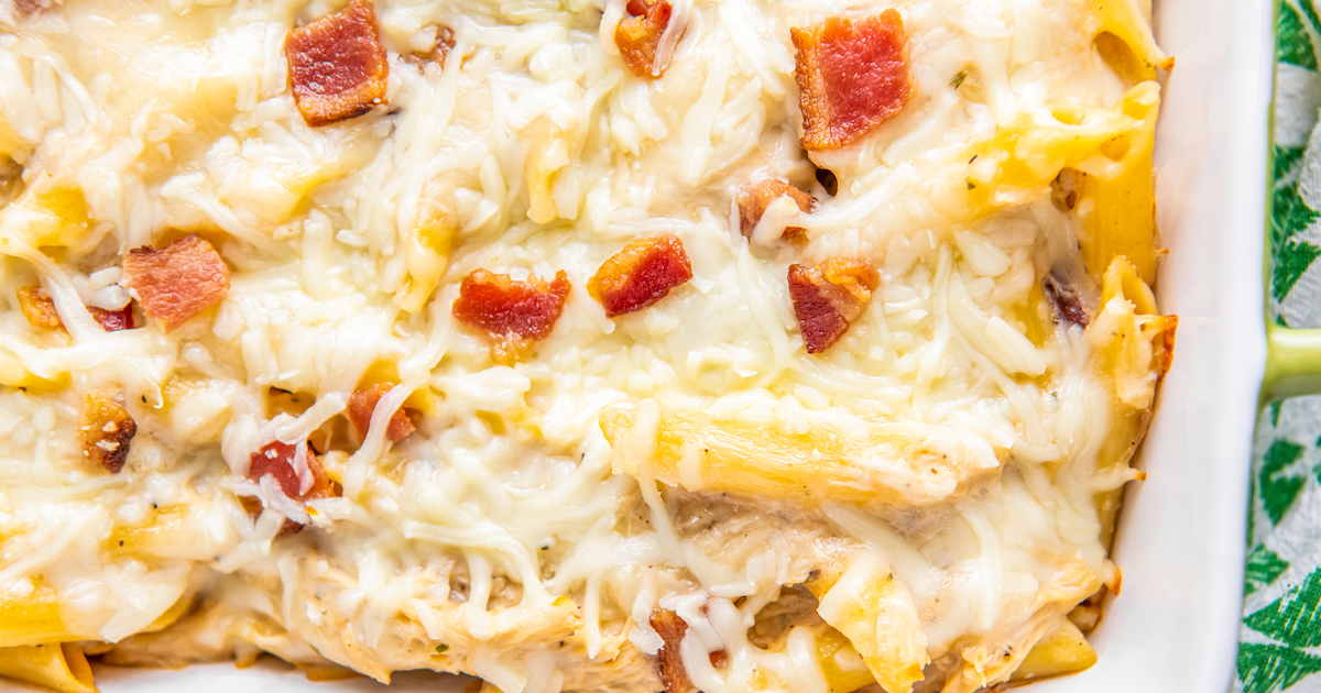 Cheesy chicken casserole with crispy bacon on top.