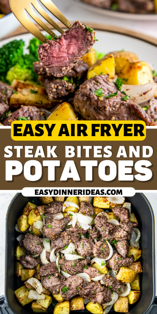 Steak bites and potatoes in an air fryer basket with a fork picking up a bite of cut steak.