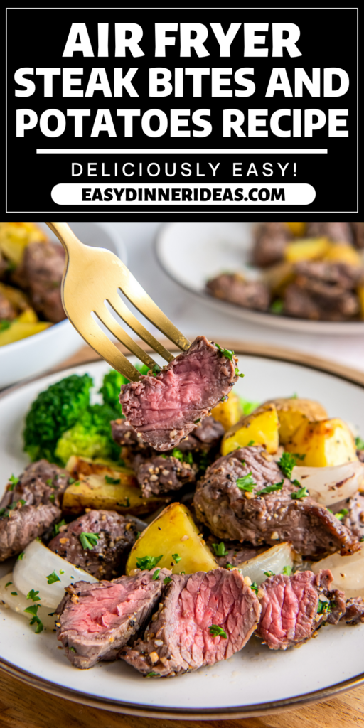 Air fryer steak bites and potatoes on a plate with a fork picking up a bite of cut steak.