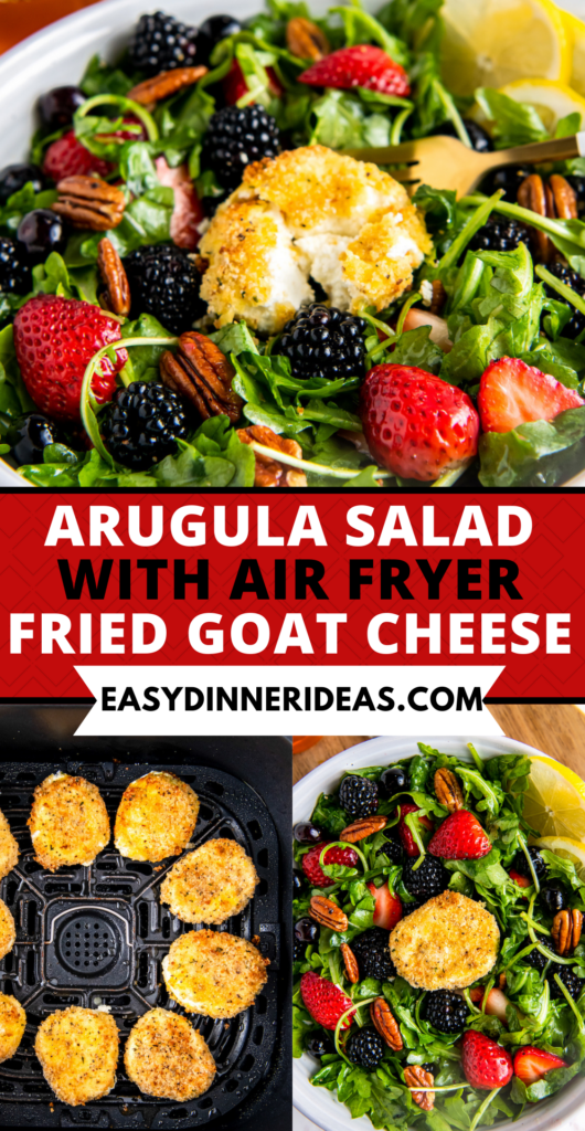 Warm and crispy air fryer fried goat cheese in an air fryer basket and placed on top of an arugula salad with berries.
