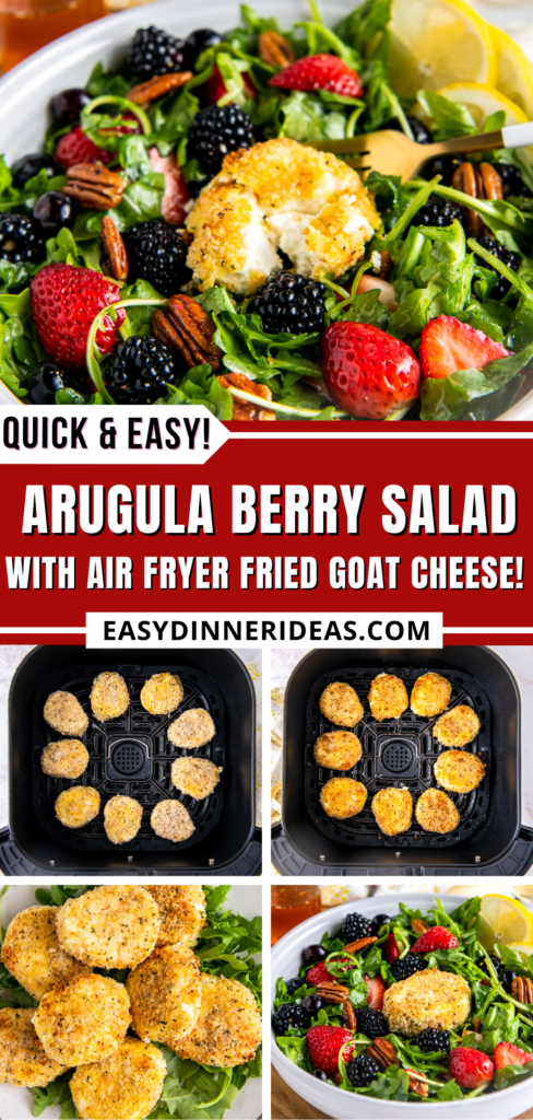 Arugula Salad with fresh berries topped with Fried Goat Cheese made in the air fryer.