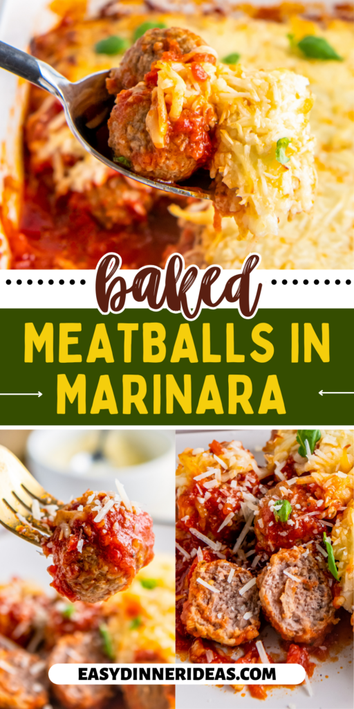 A serving spoon scooping meatballs out of a casserole dish and a plate of meatballs with one meatball cut in half.