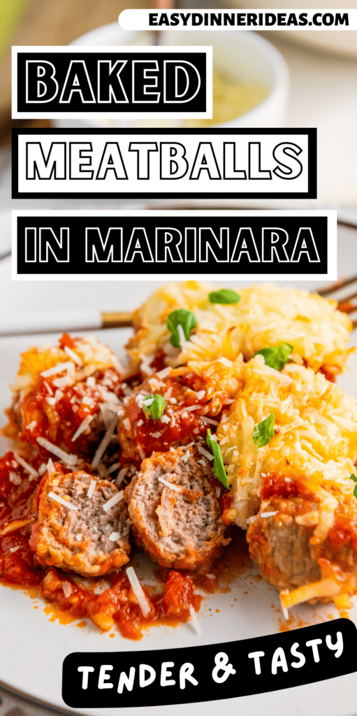 A plate of baked meatballs in marinara with freshly shredded parmesan cheese.