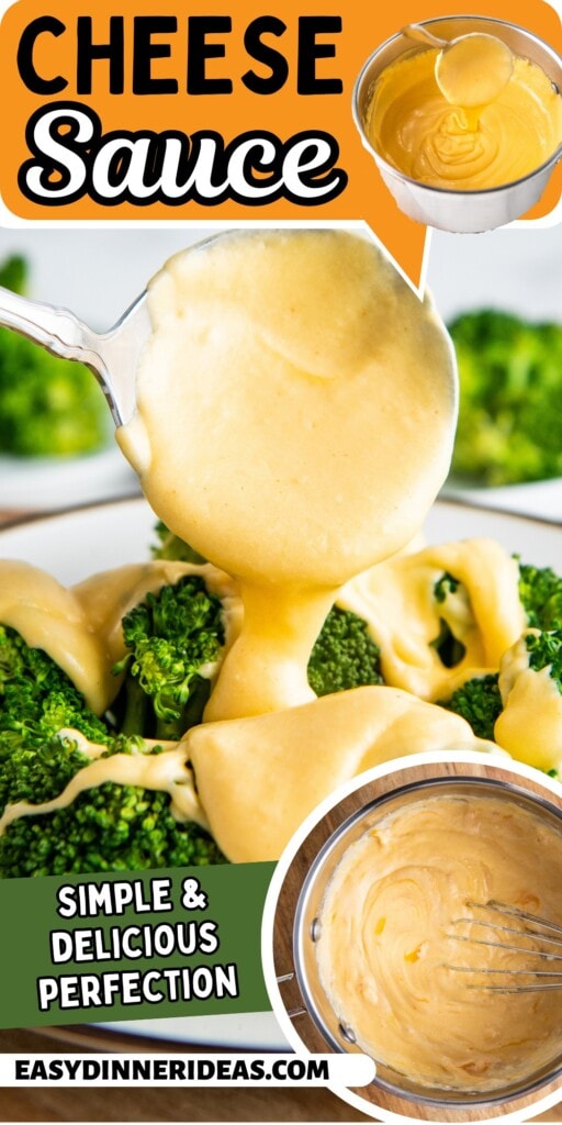 Cheese sauce being poured over broccoli.