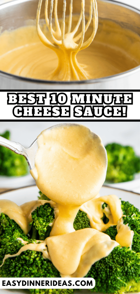 Cheese sauce being poured over a plate of broccoli.