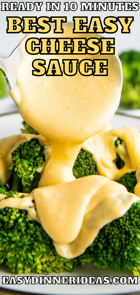 A ladle pouring homemade cheese sauce over a plate of broccoli.